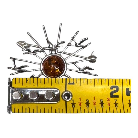 Mid Century Modern Sterling Silver & Amber Brooch Pin Sunburst Cranes Birds VTG - Picture 4 of 6
